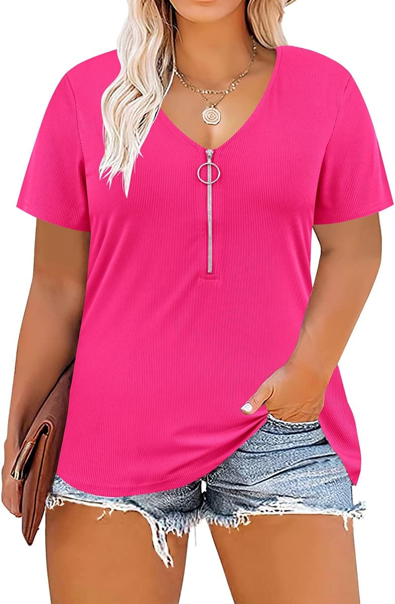 TIYOMI Plus Size Tops for Women Short Sleeve Sexy V Neck Shirts Plain Basic Solid Color Tunic Spring Summer XL-5XL 14W-28W