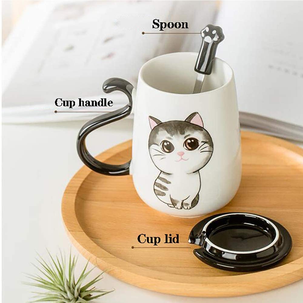 ZHOUXIAO Simpatica Tazza in Ceramica di Gatto con Coperchio e Cucchiaio, Tazza in Ceramica per caffè, Coppie Tazza da caffè per tè al Latte per Ragazze, Tazza da Viaggio in Ceramica Manico (F)