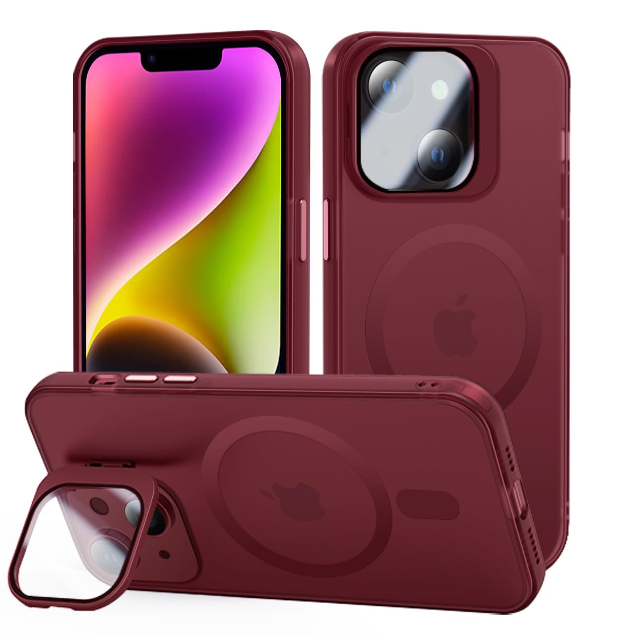 tigratigro Cover con Cavalletto,Compatibile con iPhone 13/14,Protezione Fotocamera H9 vetro temperato,Custodia Posteriore Glassata Traslucida, Anti-Impronte,Sensazione di Velluto (Rosso Scuro)