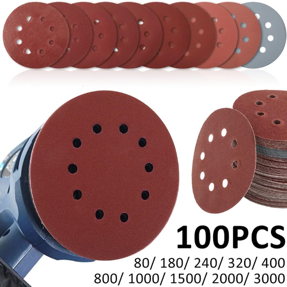 100 szt. 5-calowe tarcze szlifierskie - papier ścierny z rzepem i pętelką z 8 otworami do bezpyłowego polerowania - ziarnistość od 40 do 2000(600grit)