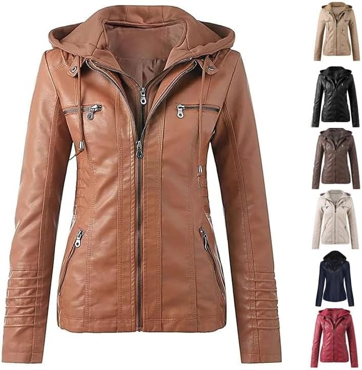 Oversized leather jacket for women, long sleeves, plain, with square collar, trendy winter jacket, fashionable coat, faux leather hooded jacket, motorcycle jacket for winter