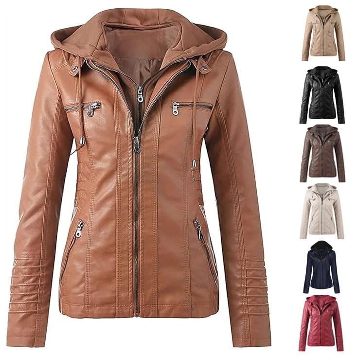 Oversized leather jacket for women, long sleeves, plain, with square collar, trendy winter jacket, fashionable coat, faux leather hooded jacket, motorcycle jacket for winter