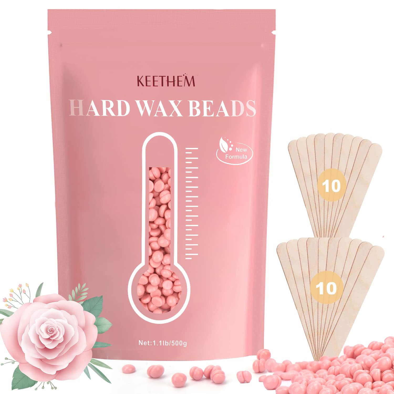 Hard Wax Hair Removal Beads - Painless Waxing for Sensitive Skin, Full Body Wax Beans with 20 Sticks for Women Men Bikini Brazilian, Armpit, Home Use