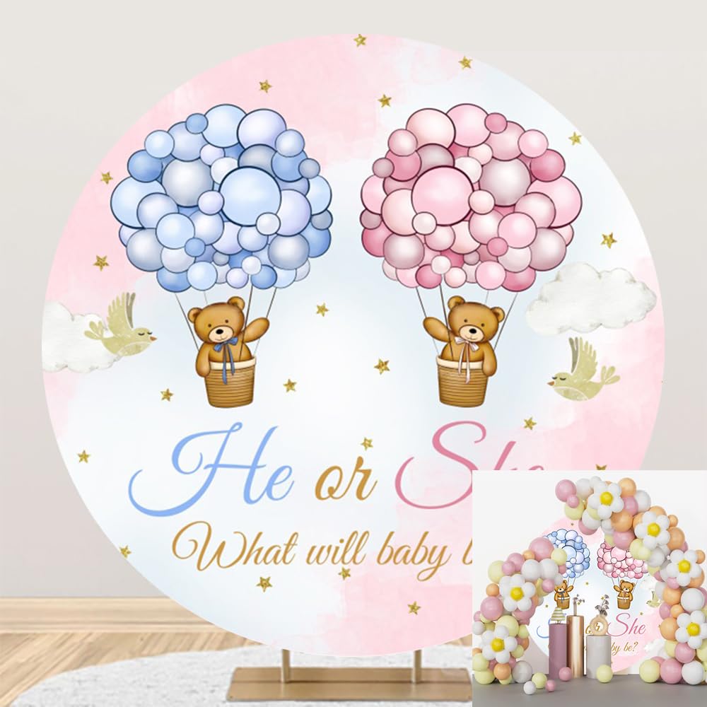 OERJU Bear Gender Reveal Round Backdrop Cover He or She Boy or Girl Gender Reveal Backdrop Pink or Blue Hot Air Balloons Baby Shower Newborn Party