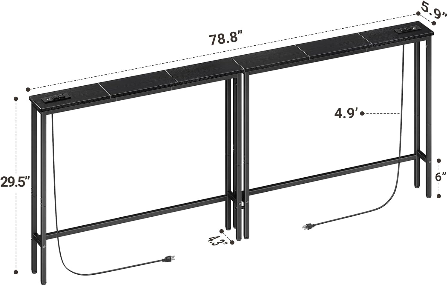 ELYKEN 2 Pack 5.9" Narrow Console Sofa Table with Power Outlets, Total 78.8” Long Behind Couch Table with Charge Station and 5.9’ Extension Cord for Living Room, 5.9" D x 78.8”W x 29.5”H, Black