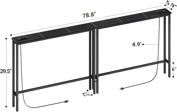 ELYKEN 2 Pack 5.9 Narrow Console Sofa Table with Power Outlets, Total 78.8” Long Behind Couch Table with Charge Station and 5.9’ Extension Cord for Living Room, 5.9 D x 78.8”W x 29.5”H, Black