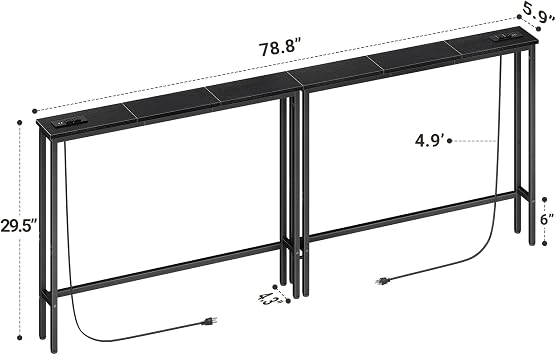 ELYKEN 2 Pack 5.9 Narrow Console Sofa Table with Power Outlets, Total 78.8” Long Behind Couch Table with Charge Station and 5.9’ Extension Cord for Living Room, 5.9 D x 78.8”W x 29.5”H, Black