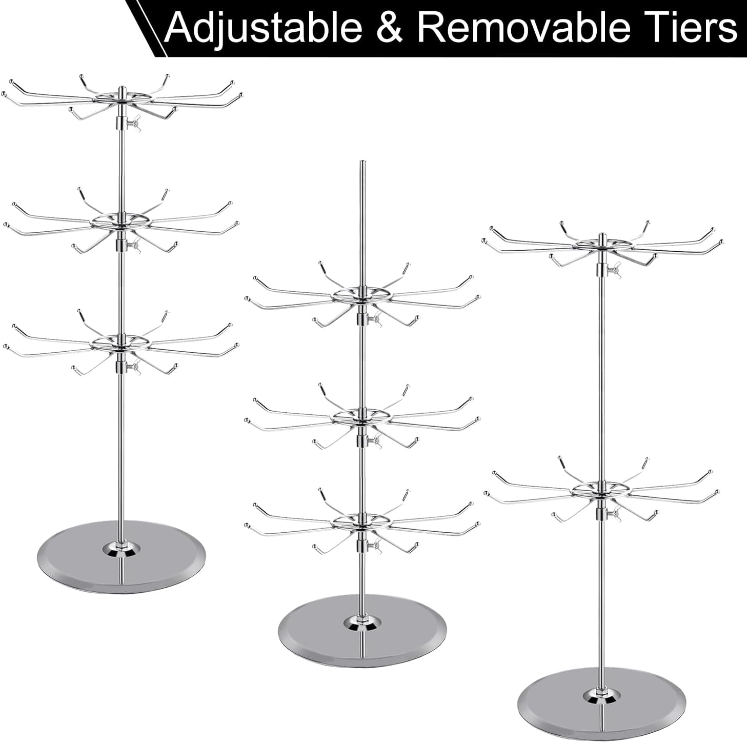1 Set of 3 Tier Heavy Duty Adjustable Couter Top Spinner Organizer Rack Tower with 24 Hooks, Jewelry Bracelet Display Stand for Exhibition Retail Store and Home Use (Chrome)