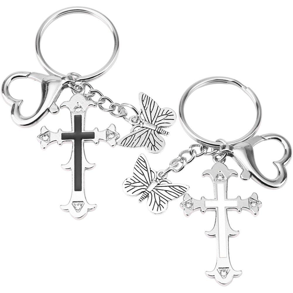 Ppmter 2 Pcs Y2k Cross Butterfly Heart Keychains Bag Charms, Aesthetic Punk Cross Keyring Key Chain Pendant Backpack Decoration