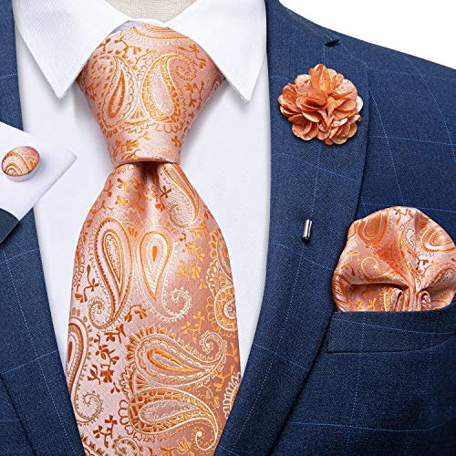 Image of DiBanGu Silk Ties for Men Necktie and Lapel Pin Brooch Set Formal Woven Paisley Plaid Striped Solid Tie Wedding Party