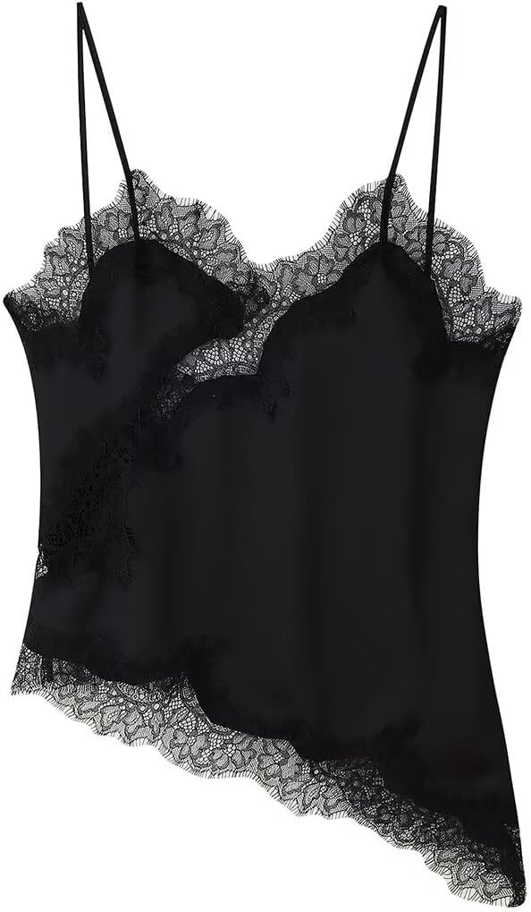 Silk Lace Trim Camisole Tops for Women Satin Asymmetrical Tank Top Backless Lace Patchwork Cami Going Out - Image 7