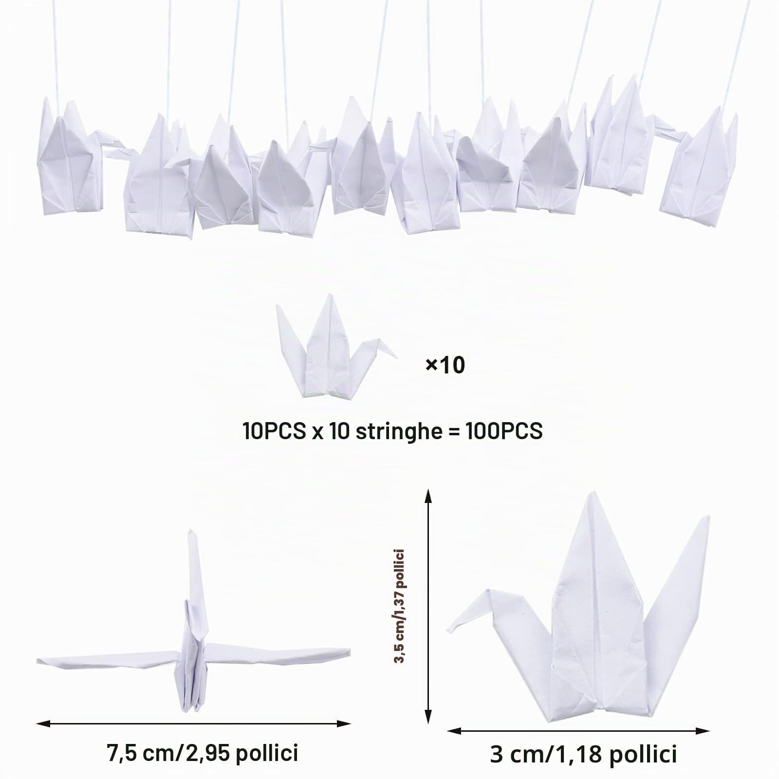 WANDIC Gru di carta origami, 10 corde fatte a mano piegate per origami di carta per origami ghirlanda per feste di nozze sfondo decorazione della casa, bianco, 100 pezzi