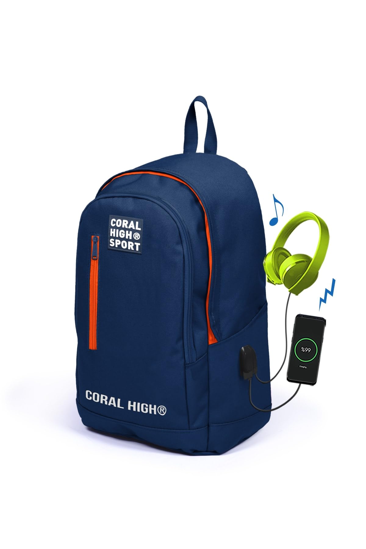 Coral High Sport Lacivert Üç Bölmeli Usb Şarjlı Kulaklık Çıkışlı Sırt Çantası 23232