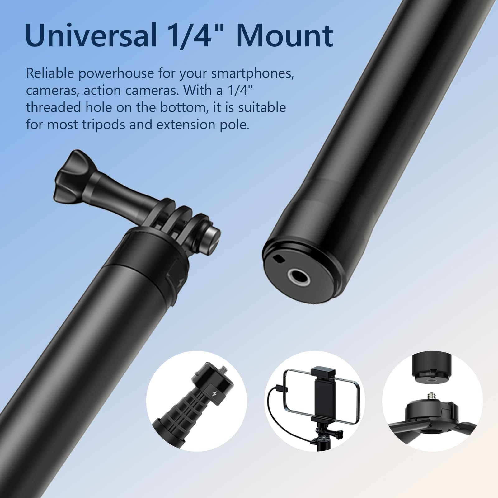 Rallonge de Perche à Selfie, Rechargeable, Monopode, avec poignée de Charge, 5000 mAh, pour Go Pro, Insta360, appareils Photo DJI, iPhone et Smartphones Android (sans Support de téléphone Portable)