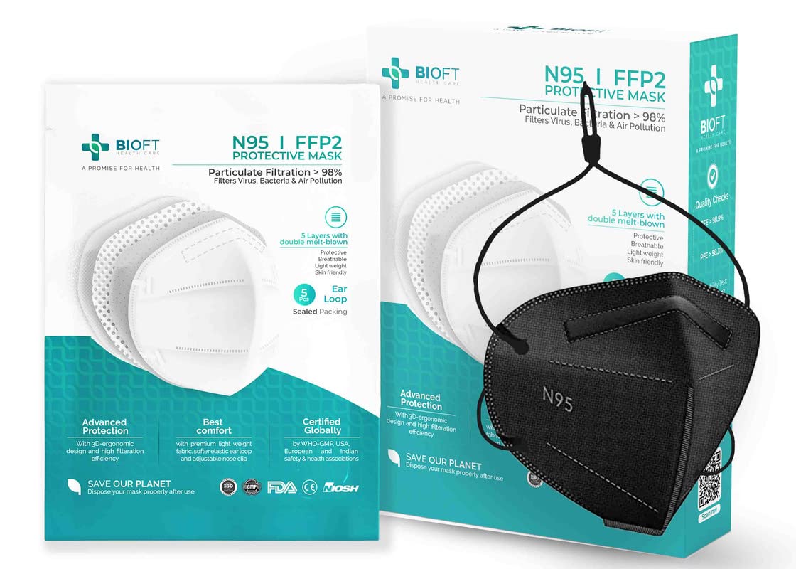 BIOFT N95 Headloop (Black, Pack of 10, Without Value) Reusable Cotton Face Mask for Unisex, Iso, Ce, Fda Certified