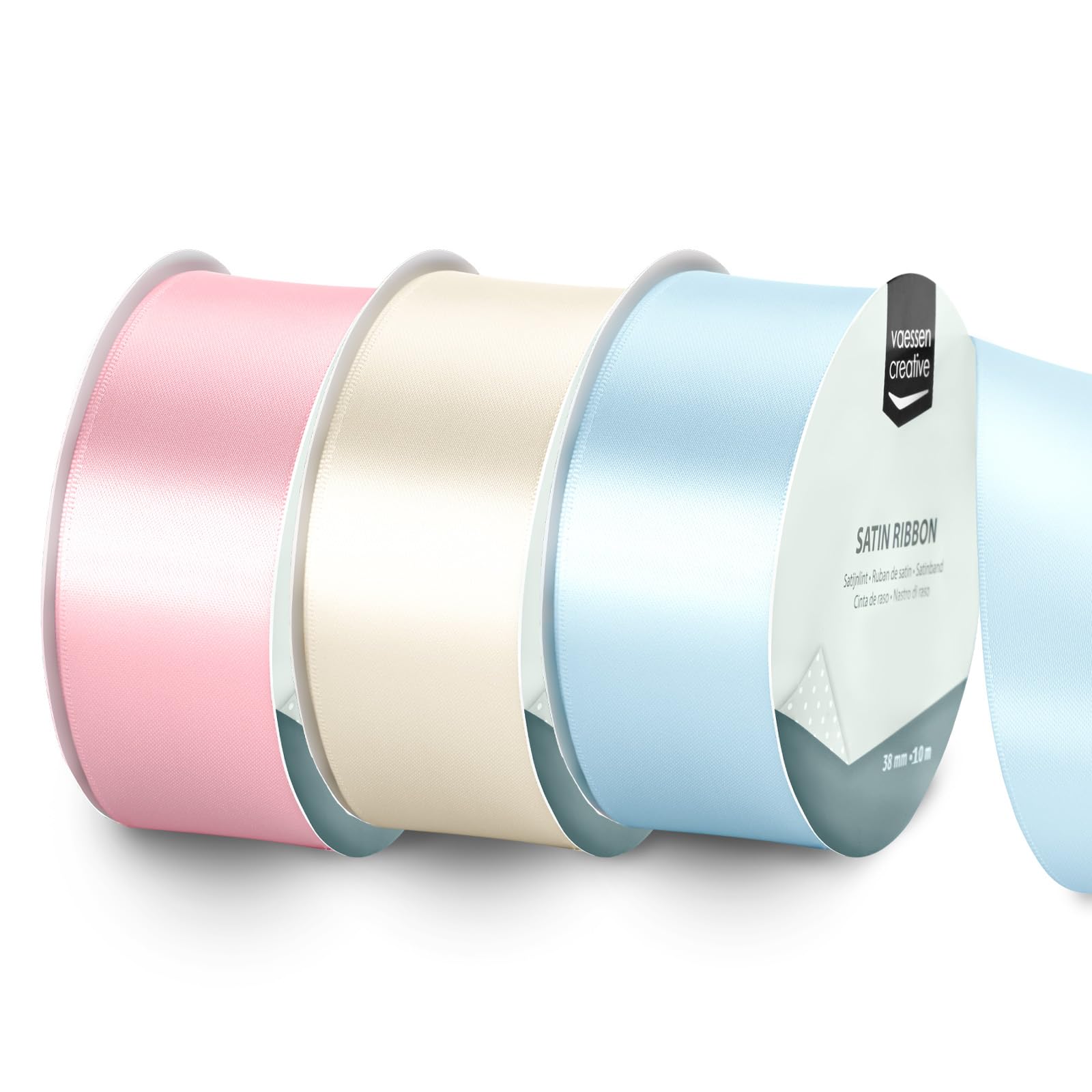 Vaessen Creative Satin Ribbon Set - 3 Babyshower & First Communion Colours of 32.8 ft x 1.5" - Pastel Pink, Blue & White - Thin Ribbon for Gift Wrapping and Crafting