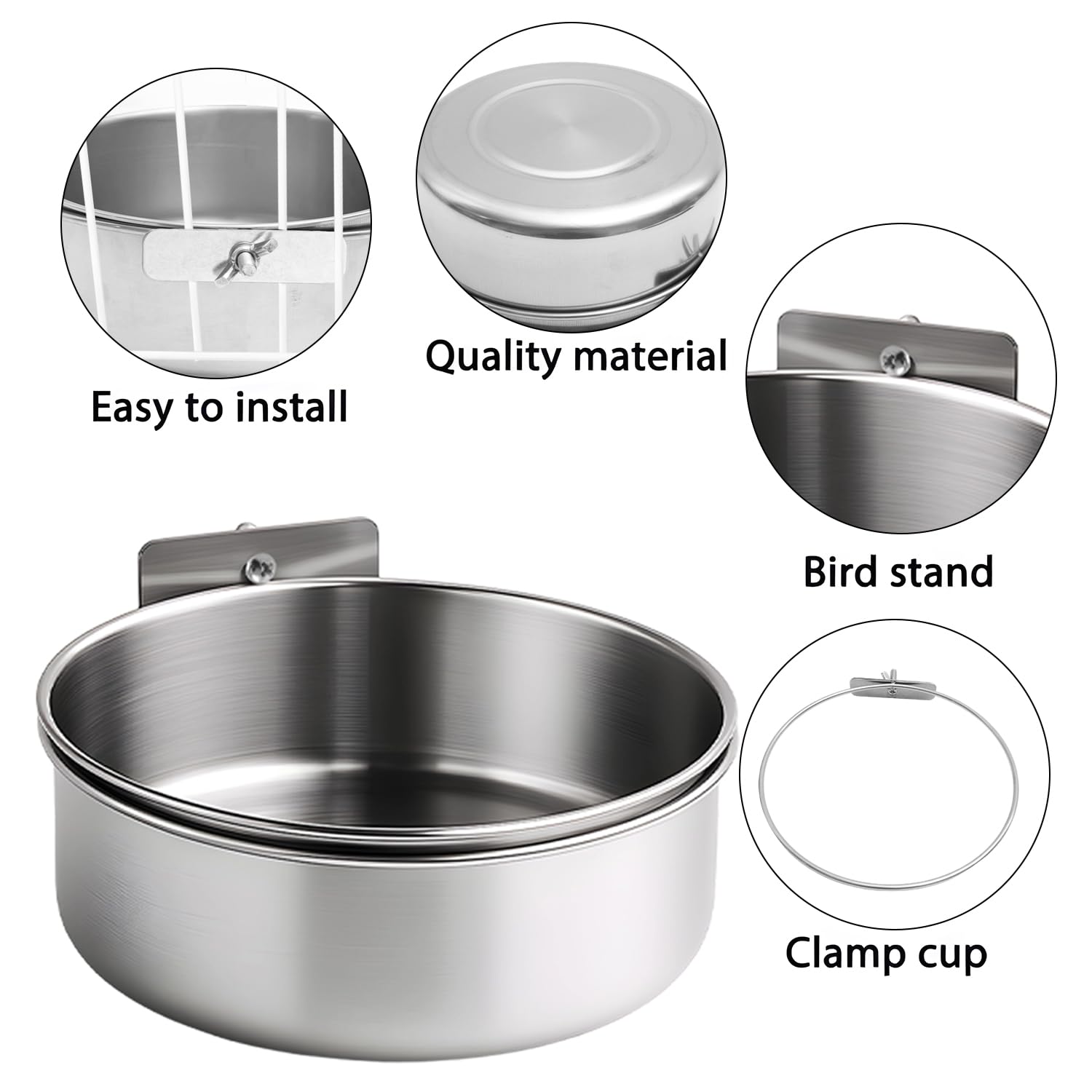 Parrot Feeding Cups Birds Food Dish Stainless Steel Parrot Feeders Water Cage Bowls with Clamp Holder for Cockatiel Small Animal Chinchilla (Silver, 10x10x4.5cm) - image 6