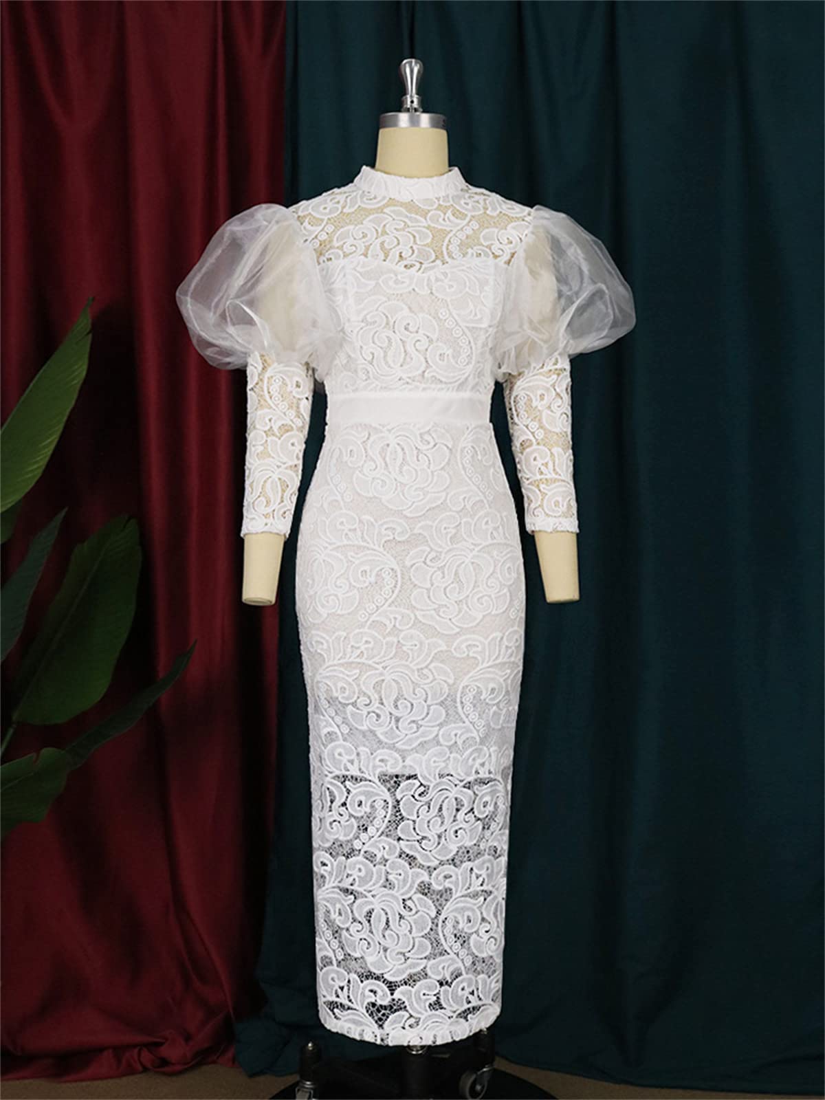 Abito da Donna in Pizzo Bianco Aderente Plus Size Abito a Tubino con Giunzione Solida a Maniche Lunghe per Cocktail Party di Matrimonio