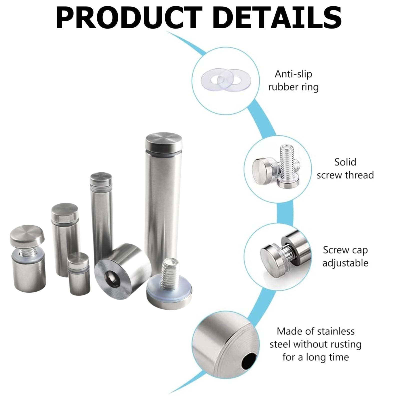 Entretoise de Verre,Entretoise Inox,Supports de Panneaux,Support Vis Publicité,Acier Inoxydable Publicité Vis (19x70 MM - 8 Pièces)