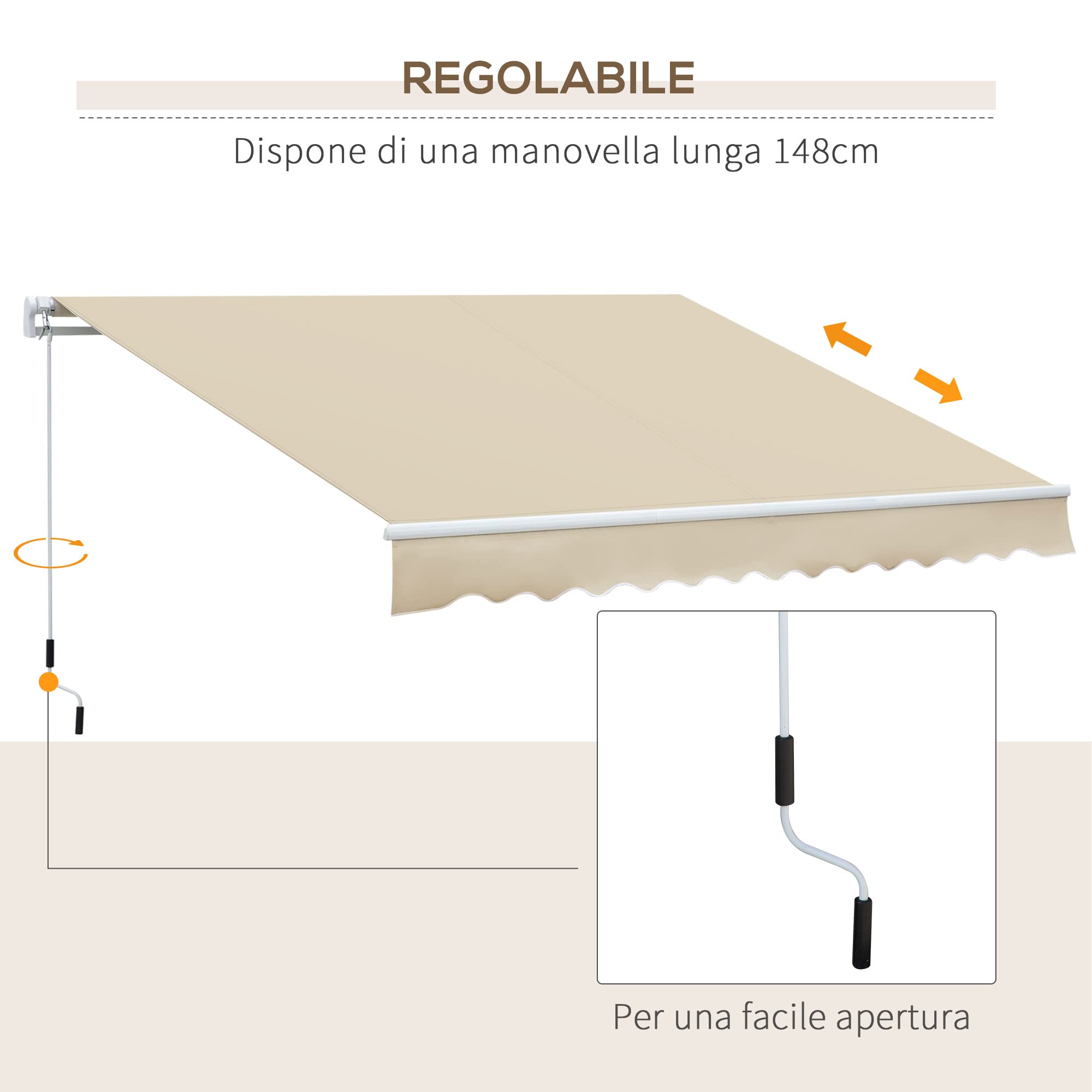 Outsunny Tenda da Sole per Esterno Avvolgibile 3.6x2.5 m, Tenda da Sole a Bracci Estensibili Parasole Protezione UV Impermeabile per Porte e Finestre con Apertura a Manovella, Crema