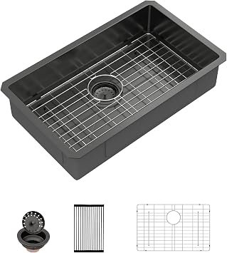 Sarlai ADA Black Kitchen Sink - 27 Inch Undermount Kitchen Sink Gunmetal Black 6-Inch Low Depth ADA Compliant Single Bowl 16 Gauge Stainless Steel 27x16 Inch Under Mount Handmade Sinks Basin