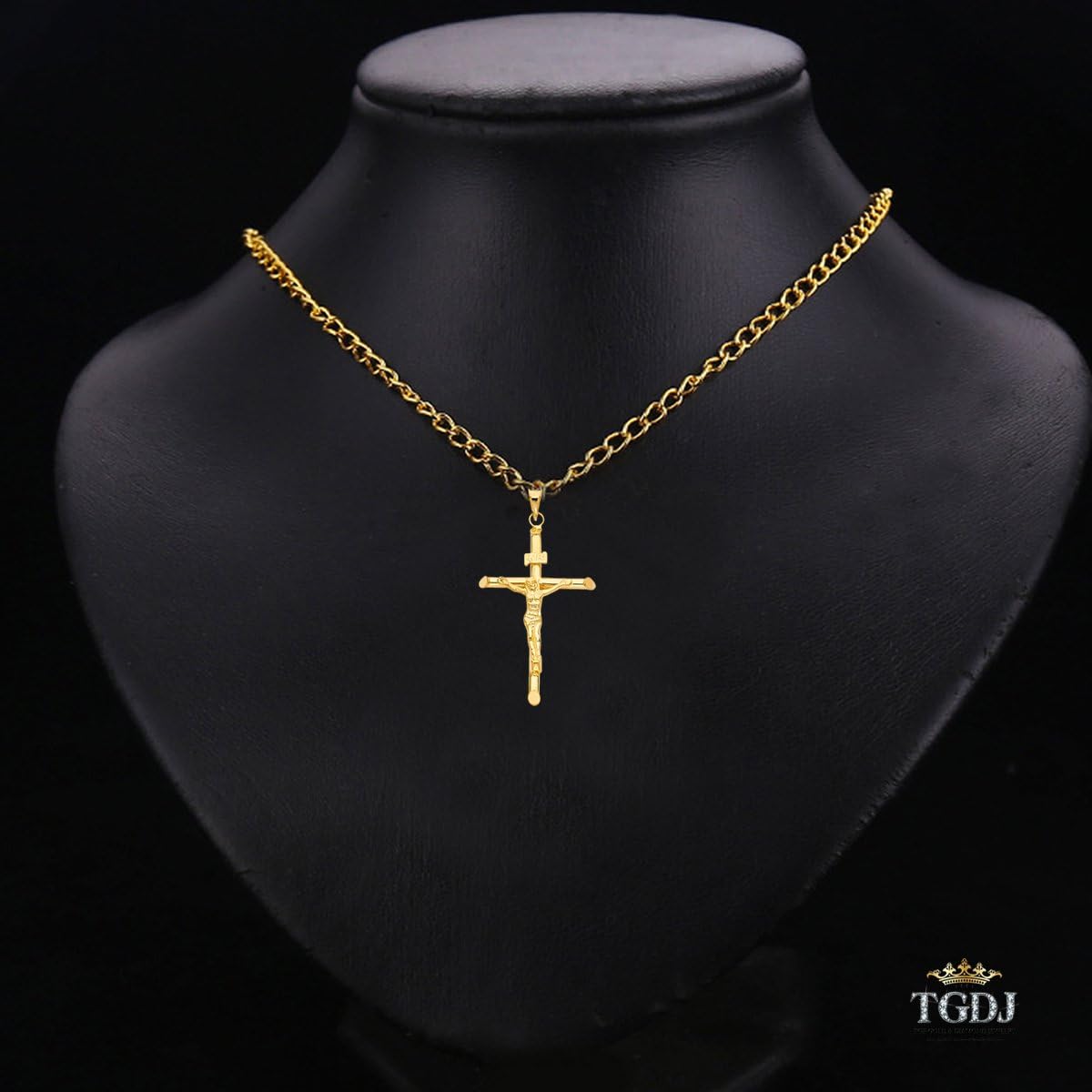 Solid 14K Yellow Gold Crucifix Pendant | Jesus Engraved Tubular Catholic Cross Charm | High-Polished Religious Gold Jewelry for Men & Women | 48 x 32 mm, 2.5 g