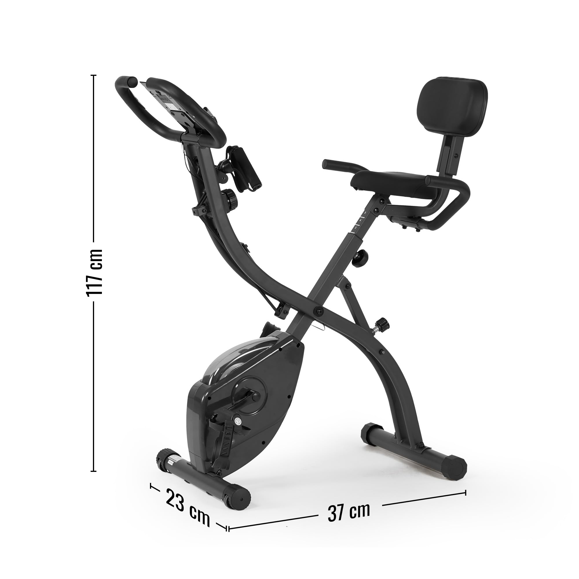 Cyclette pieghevole con resistenza magnetica regolabile a 16 livelli, fasce di resistenza per le braccia, display LCD, schienale, sella ampia, capacità di carico fino a 136 kg