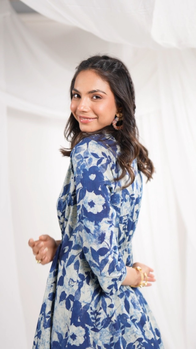 Watch Janasya Indigo Cotton Floral Panelled Dress on Amazon Live