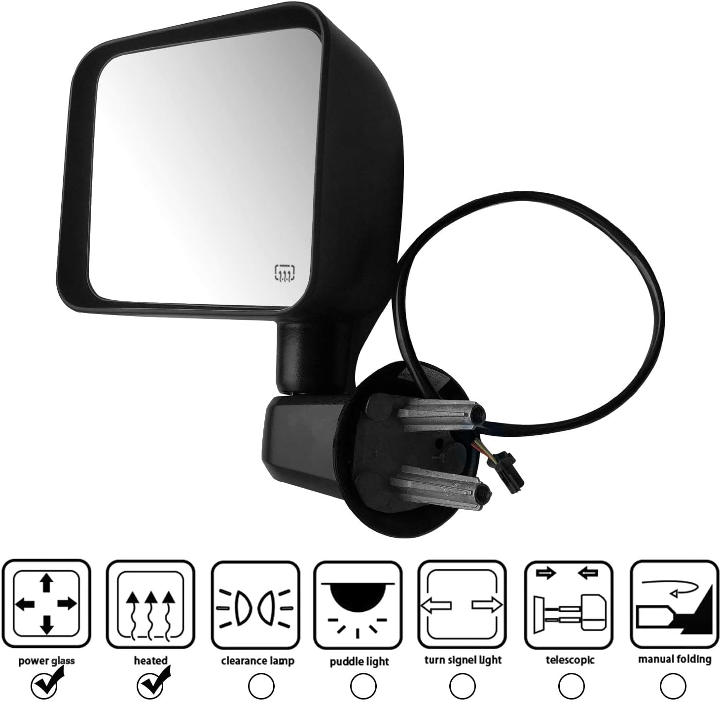 PZ Towing Mirrors Compatible with Jeep Wrangler 2007-2017 with Electric Adjustable Glass, Power Heated Black Right Passenger Side