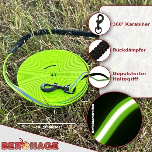 Schleppleine Biothane Romeo ca. 10 m – Reflektierend & wasserfest – mit Rückdämpfer & Haltegriff – für kleine & mittelgroße Hunde – ideal für Rückruf, Training & Freilauf (Grün)