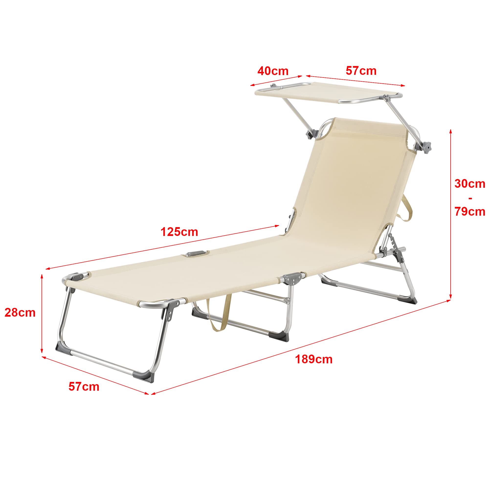 [en.casa] Lettino Prendisole Portatile con Tettuccio Parasole Regolabile Schienale Reclinabile in 4 Posizioni Sdraio Pieghevole con Tracolla Carico Max.115 kg - Beige