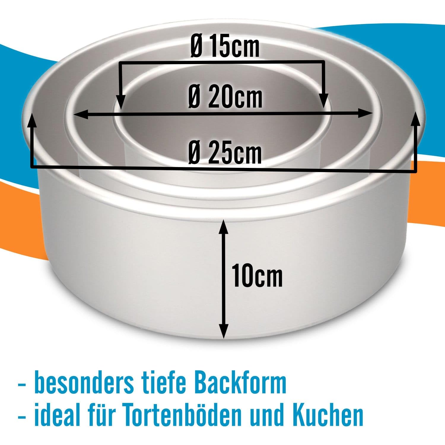 AOS Set | enthält Cake Masters Runde Backform 25/20/15 cm x 10 cm – Nahtlos aus extra dickem, eloxiertem Aluminium – Profi-Backformen für hohe Kuchen & Torten