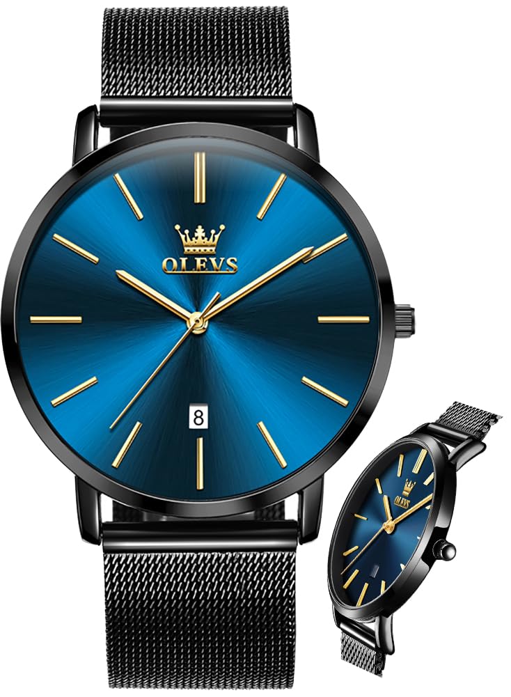 OLEVS Minimalistische Herren-Armbanduhr, ultradünn, modisch, lässig, analog, Quarz, Datum, wasserdicht, schmal, einfach, großes Zifferblatt, Armbanduhr mit Retro-Lederband für Herren