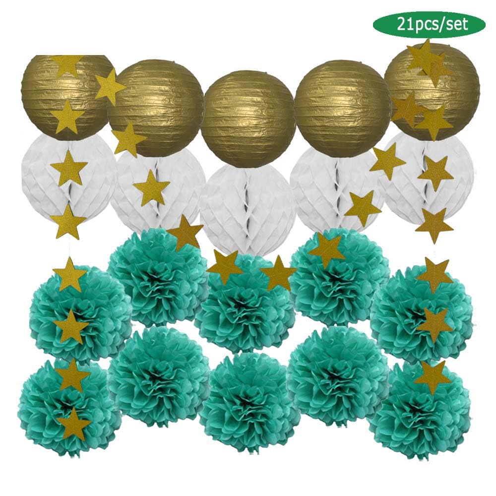 Papier Laterne Garten Haus Dekoration Party Favor Gold Rosa Set Runde Papier Laterne Weiß Ball Waben Tissue Pompom Hochzeit Urlaub Dekor(White Set)