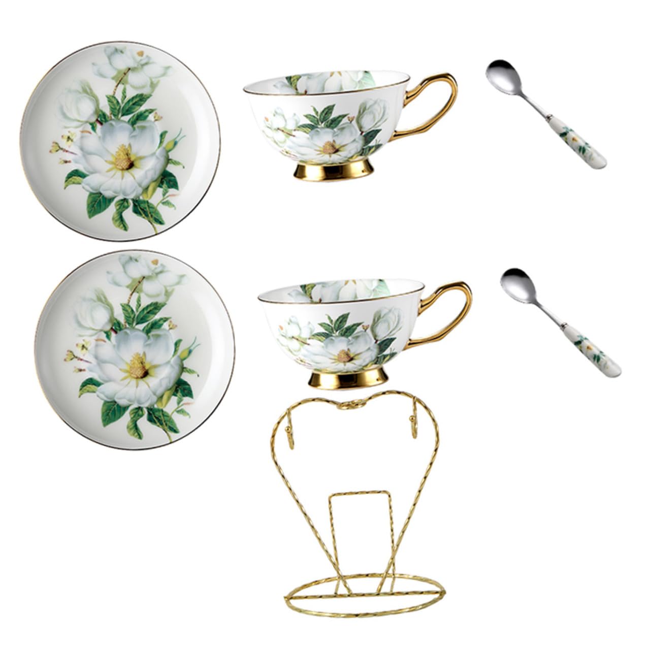 Gatuida Set 2 Tazze e Piattini da Tè in Ceramica Creativa Cucchiaino e Supporto, Tazze da Caffè Latte Impugnatura Comoda, Adatte per Pomeriggi di Tè e Riunioni di Famiglia
