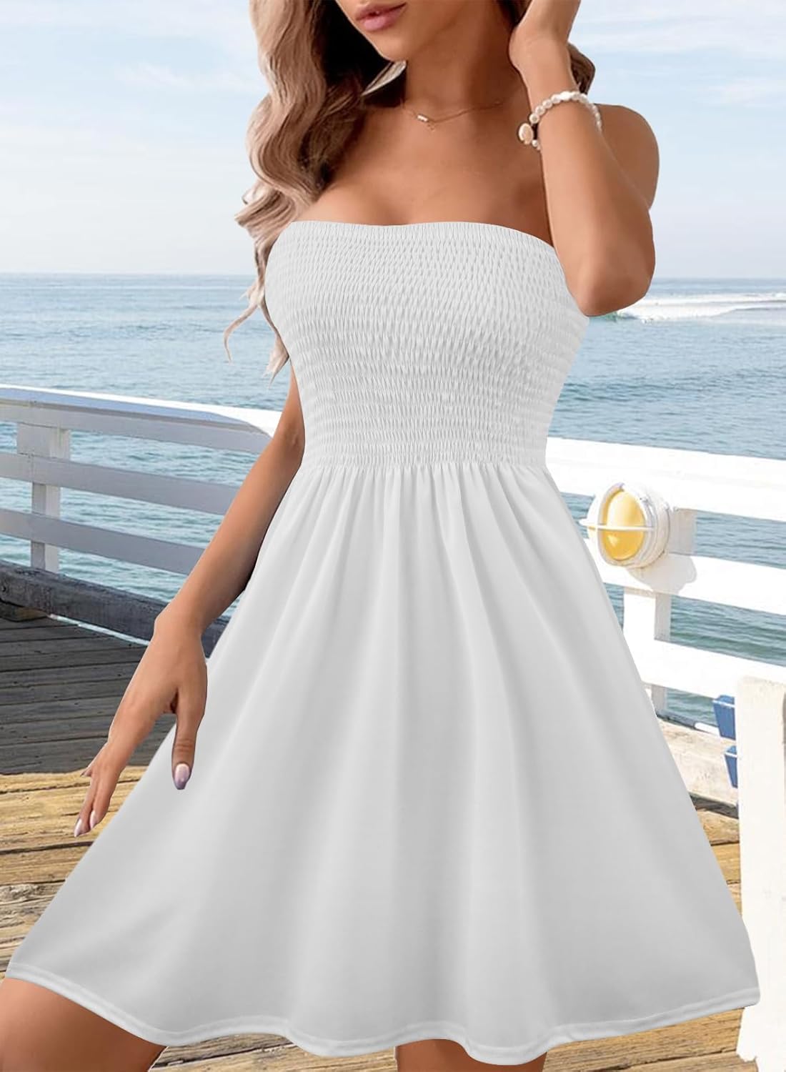 Zyyfly Tube Top Dress Women Summer Beach Coverup Stretch Smocked Strapless Dress - Image 2