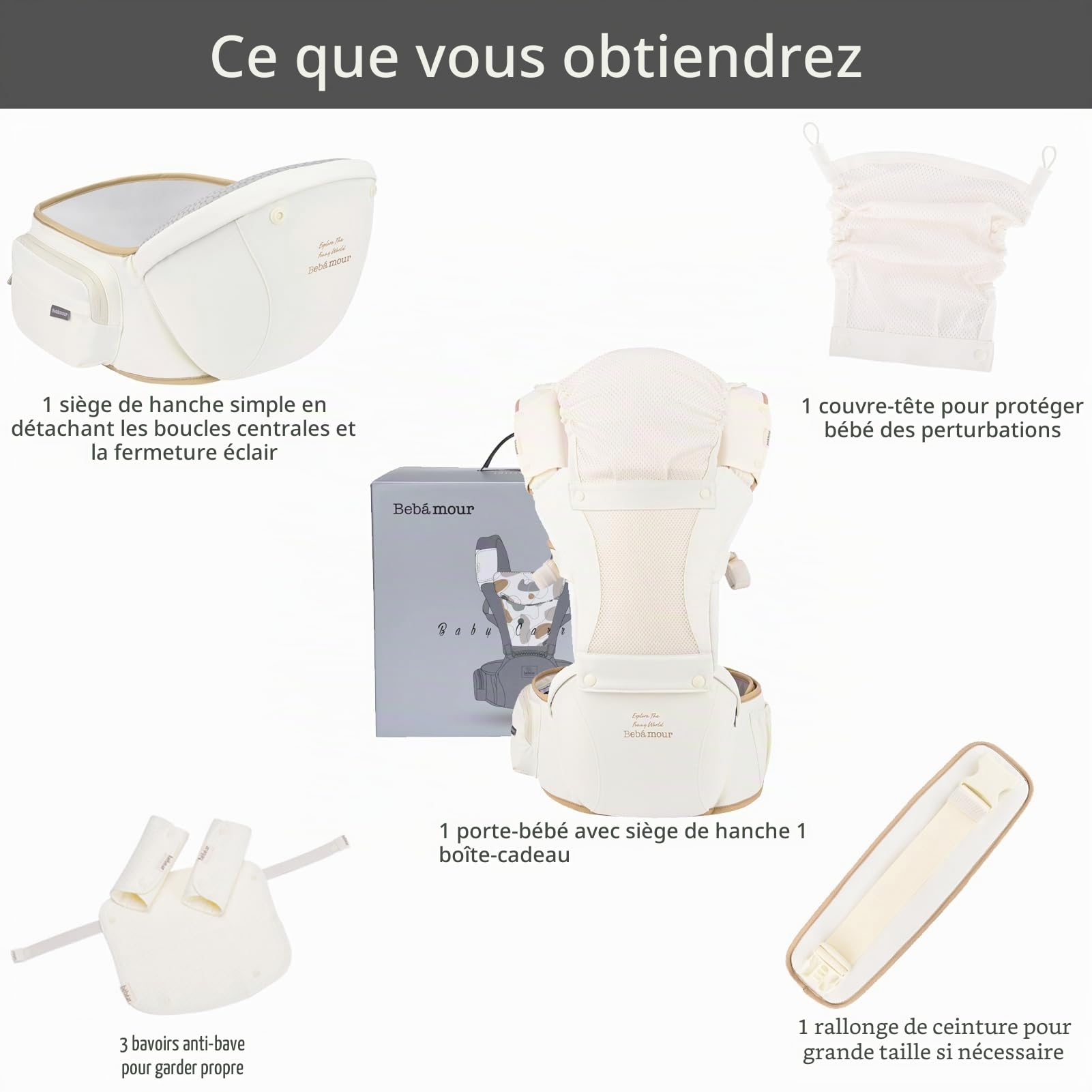 Bebamour Porte-bébé pour nouveau-nés et tout-petits Porte-bébé Hipseat 0-36 mois avec capuche, 3 coussinets de dentition, rallonge de taille, sac de rangement et étui à tétine,Beige