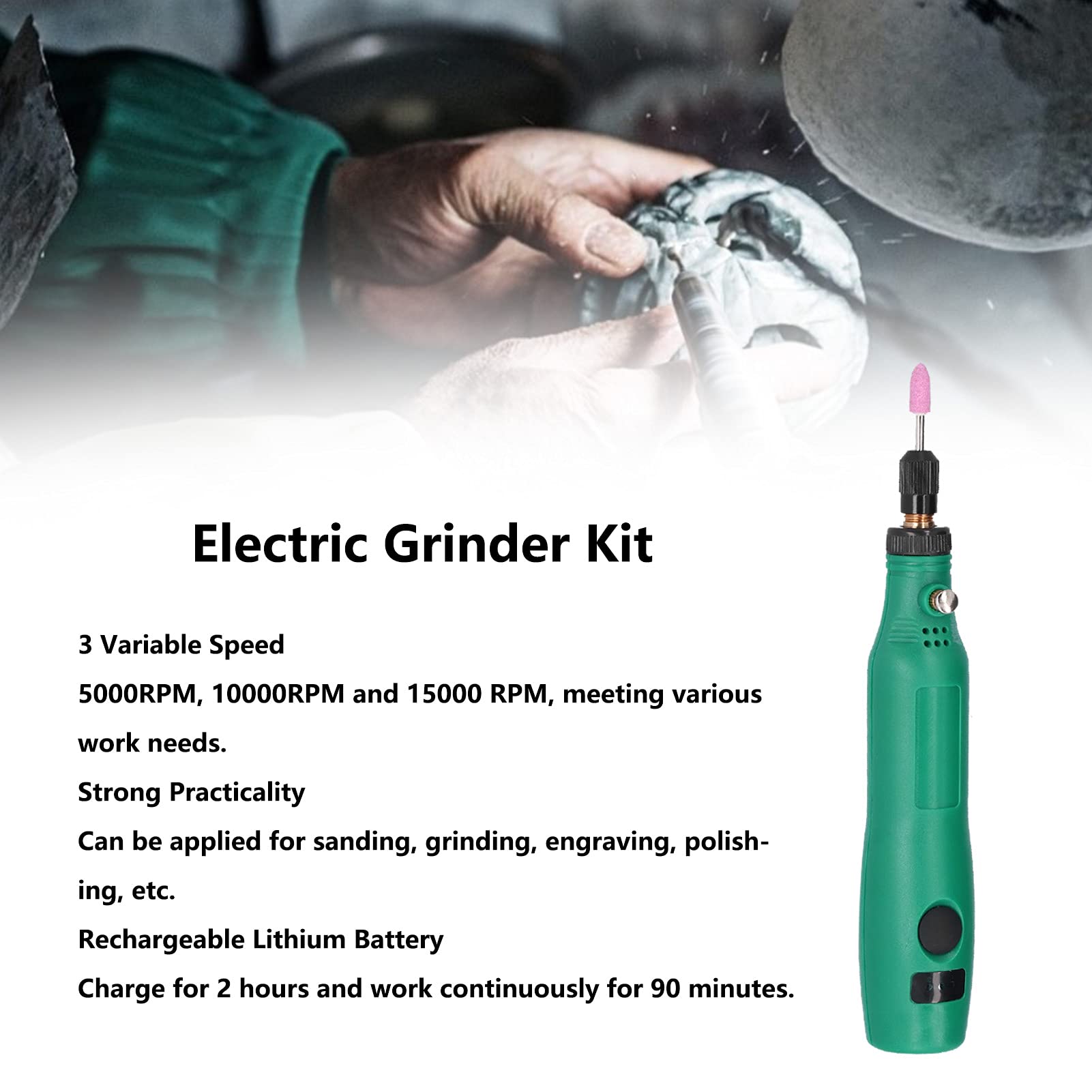 Mini smerigliatrice elettrica, mini smerigliatrice elettrica 3 kit di utensili per smerigliatura portatile senza fili a velocità variabile per fai da te