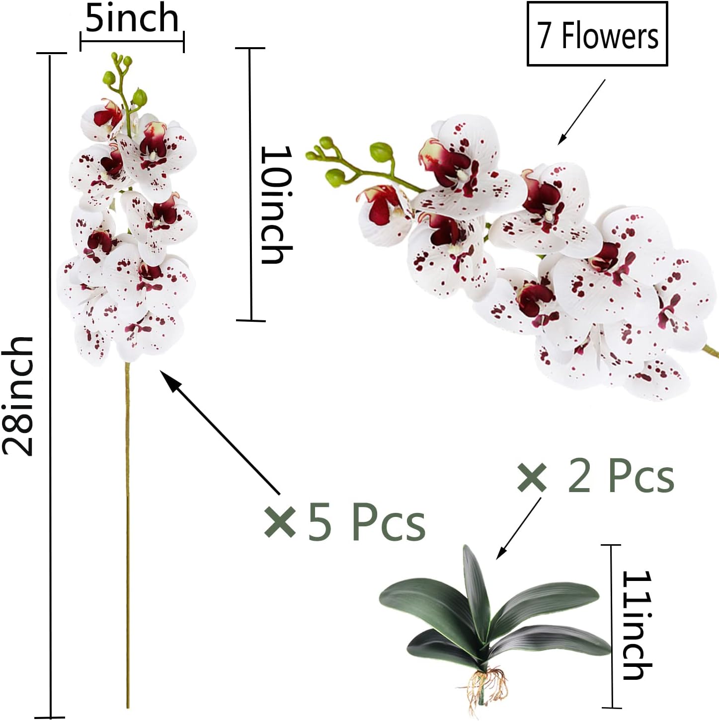 HinyoCo 5 Pcs Artificial Orchid Flowers and 2 Bundles Leaves，White with Spots Artificial Phalaenopsis Flowers 28 Inch Stem Plants for Home Wedding Decoration