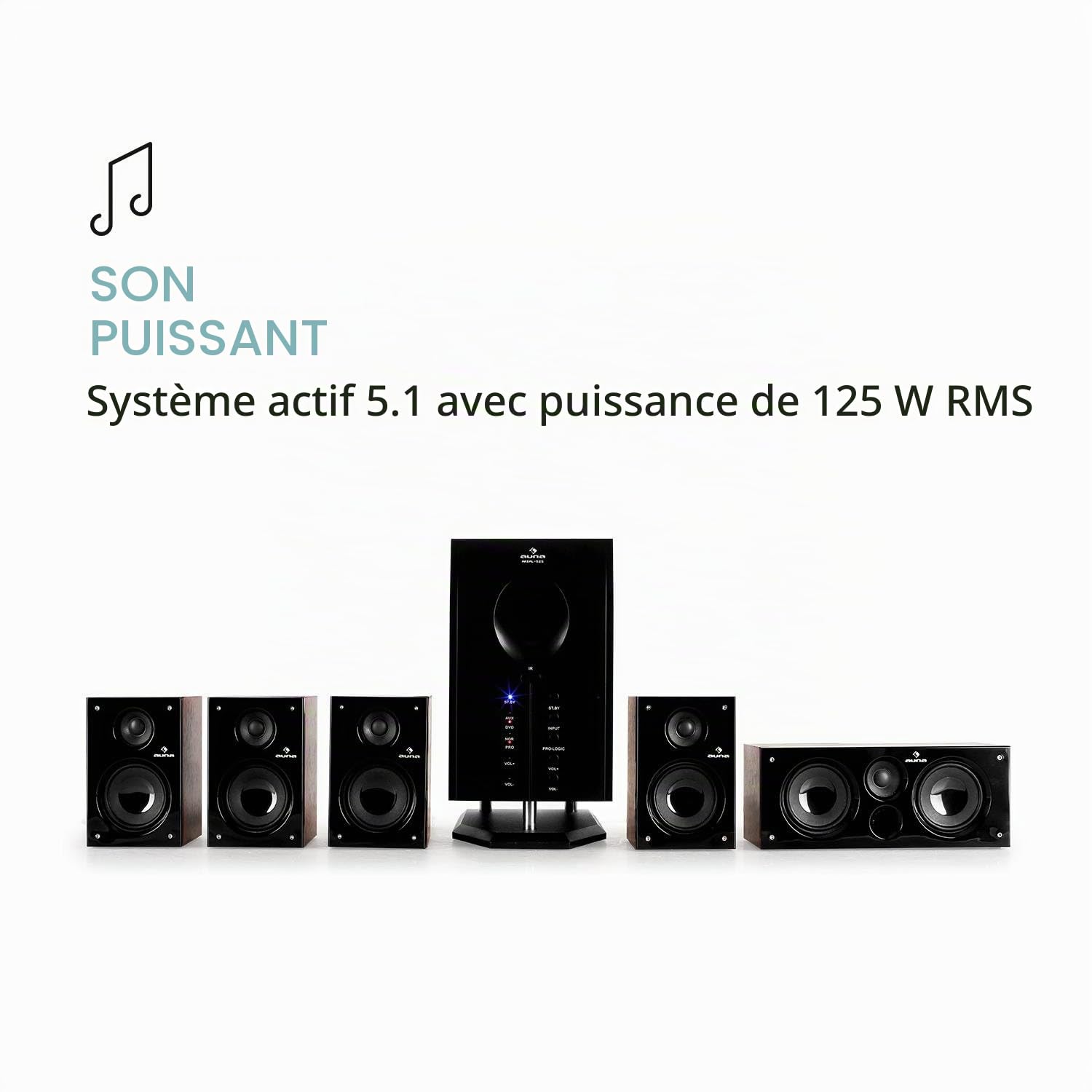Auna Areal 525 Bk Système d'enceintes Surround actives 5.1 (pack de haut parleurs amplifiés pour bureau, Home Cinema, TV ou PC, subwoofer 13,5cm, télécommande, entrée AUX, 95 W RMS) - noir