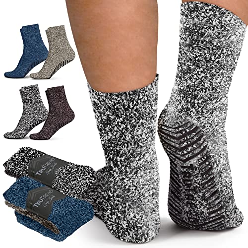 TruTread Fuzzy Slipper Socks with Grippers for Women and Men - 4 Pairs Non Skid Socks / No Slip Fuzzy Socks | Hospital Socks with Grips for Women and Hospital Socks for Men with Grips