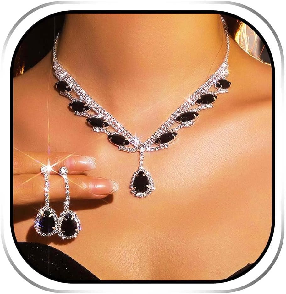Bridal Jewelry Set Black Wedding Rhinestone Necklace Sets for Women