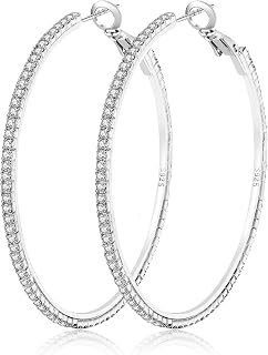 OOOPEL 925 Sterling Silver Rhinestone Hoop Earrings for Women - Large Cubic Zirconia Sparkly Hoops 20-70mm Hypoallergenic