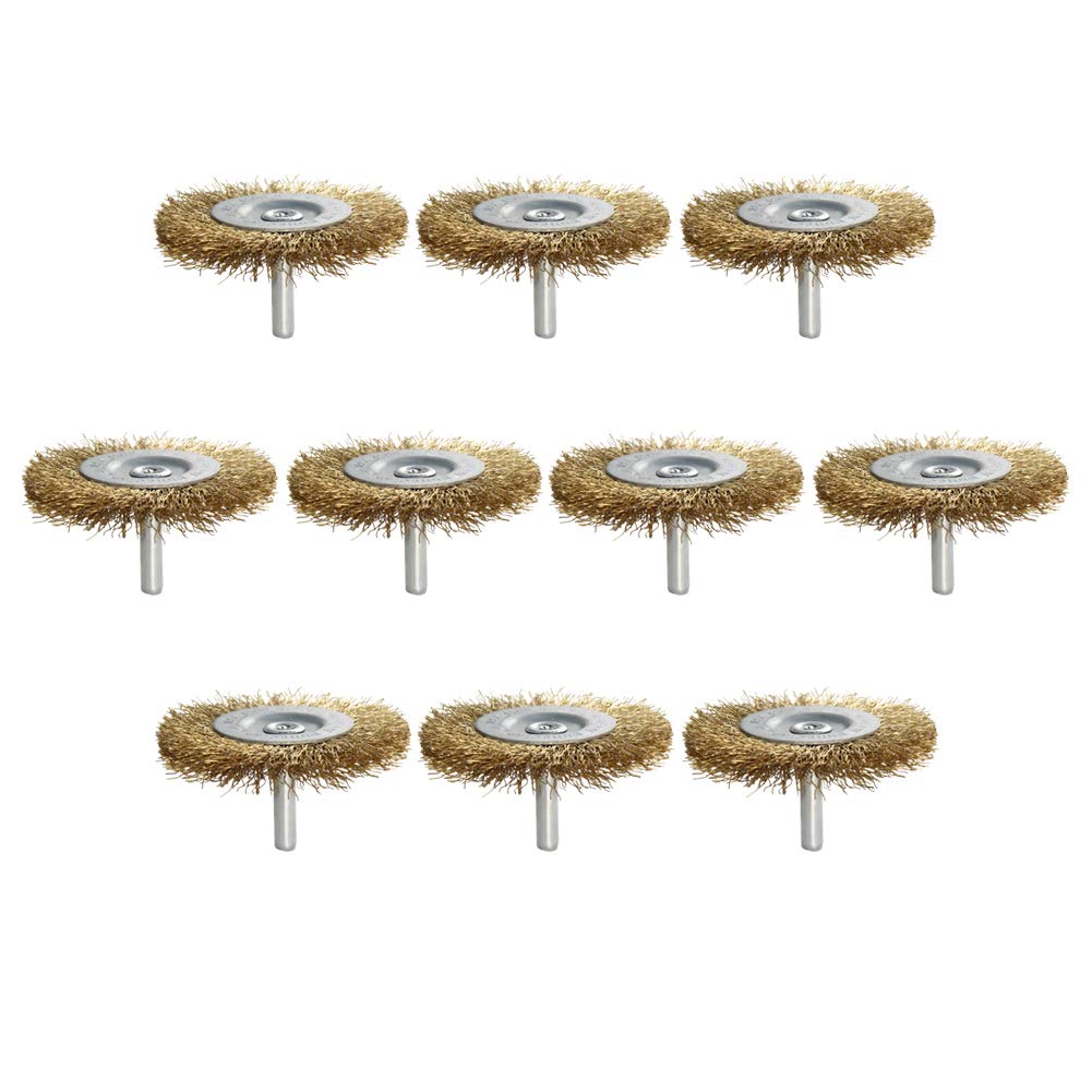 Utoolmart Wire Wheel Brush, with 1/4-inch Shank Steel Wire Brush, Wire Brush for Drill, 65mm Wire Brush, Copper-Plated Yellow Steel Wire, for Removing Rust Polishing Metals, 10 Pcs