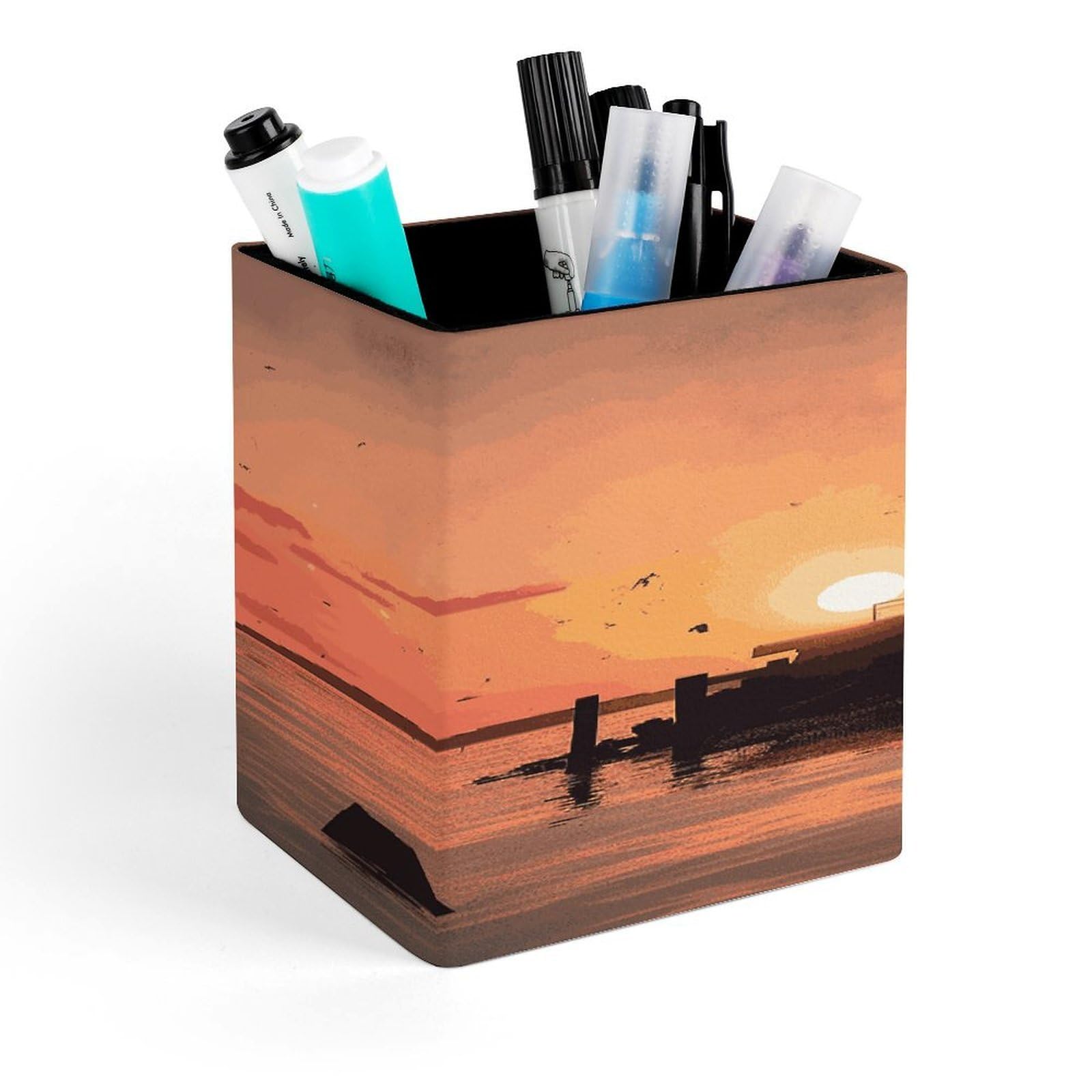 FekiLoot Lighthouse Sunrise Pen Holder Personalized Desktop Pencil Holders Case Office Accessories Container Box for Square Pen Cup Desktop Organizer Makeup Brush Holder Caddy Storage