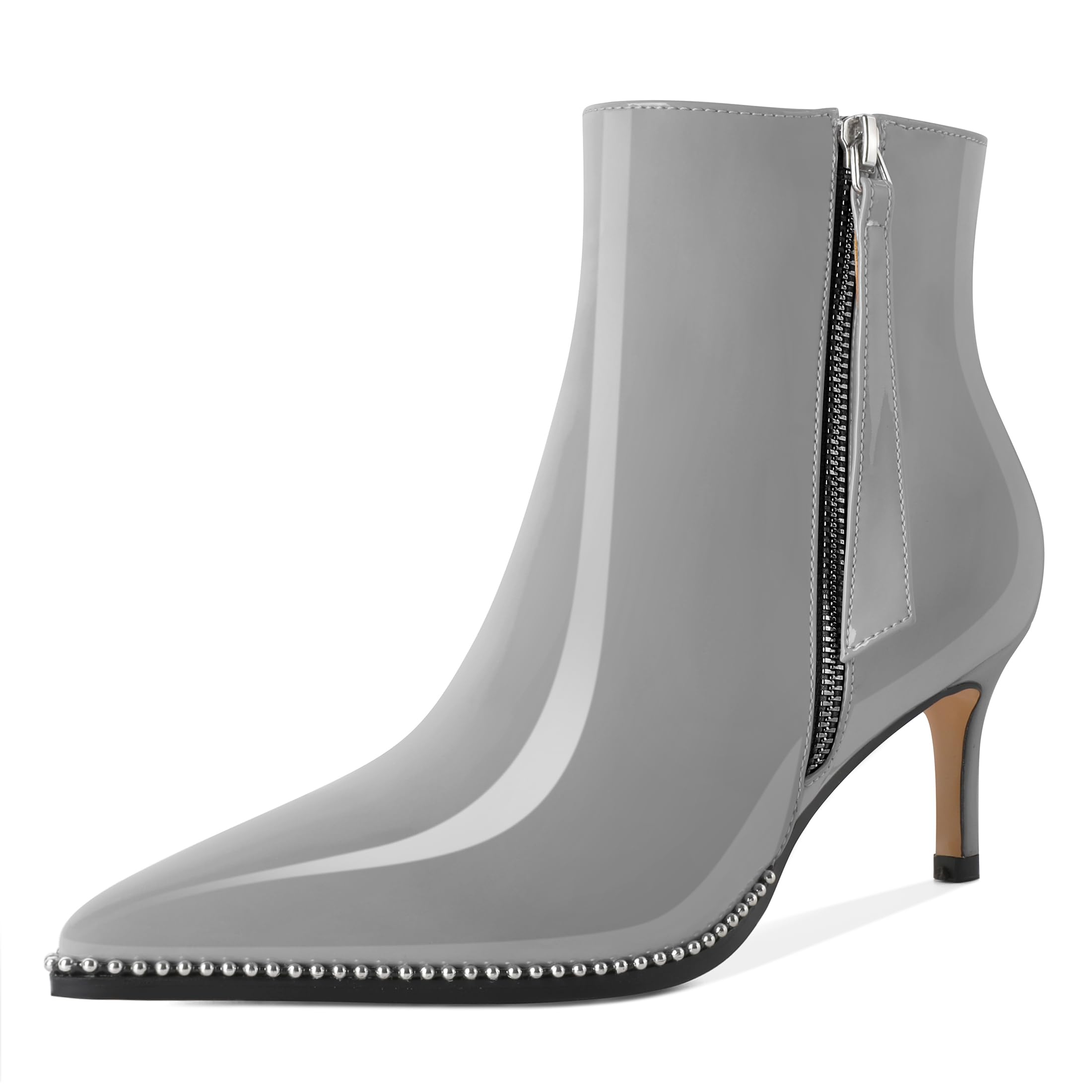 Younton Women Low Heel Boots Pointed Toe with Beaded Short Boot Zipper Kitten Heel Booties 2.5 Inch