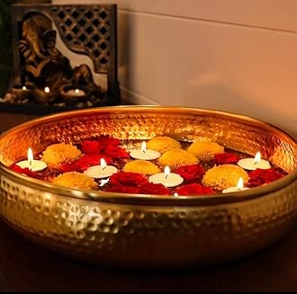 Klassic 10" Hand Crafted Metal Gold Round Hammered Traditional Potpourri Bowl | Decorative Bowl, Antique Design for Floating Flowers and Tea Light Candles, Diwali Decoration | Pack of 1