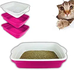 Banheira Gato Furba Grande Com Peneira Caixa de Areia Gatos Banheiro Inteligente 3 Peças + COLEIRINHA LINDA p/seu Pet (ROSA)