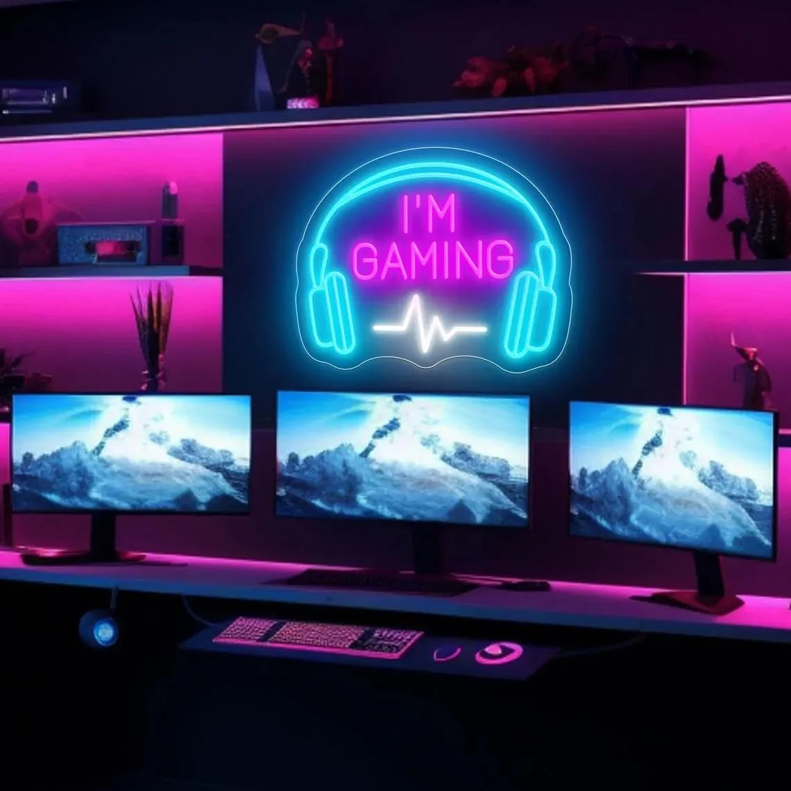'I'm Gaming' neonowy znak ściemnialny LED słuchawki neonowe światło zasilany przez USB zestaw słuchawkowy kształt dekoracja ścienna pokój zabaw sypialnia męska jaskinia chłopcy nastolatek strefa gier