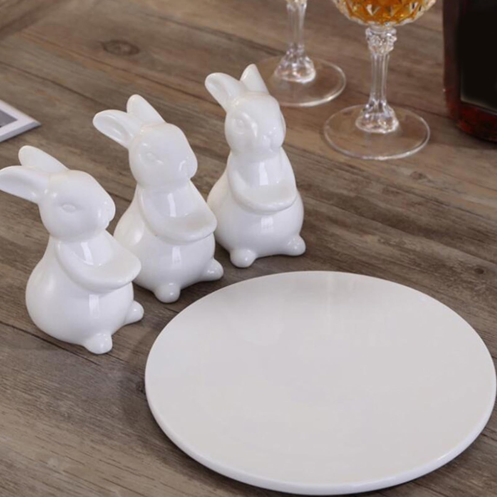 NOLITOY Plato de Cerámica Conejitos, Redondo, Blanco, para Postres